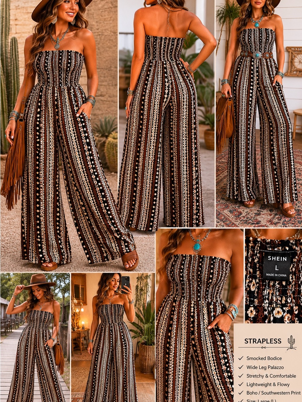 SHEIN Strapless Boho Wide-Leg Jumpsuit - Black & Brown & Cream